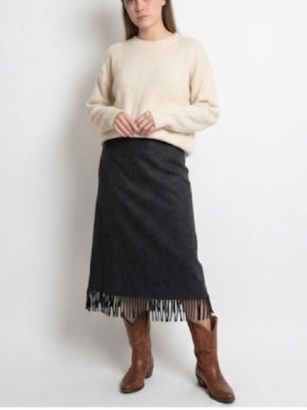 Vintage 90s Grey Wool Fringe Midi Skirt Size 12 Whimsigoth Minimalist
